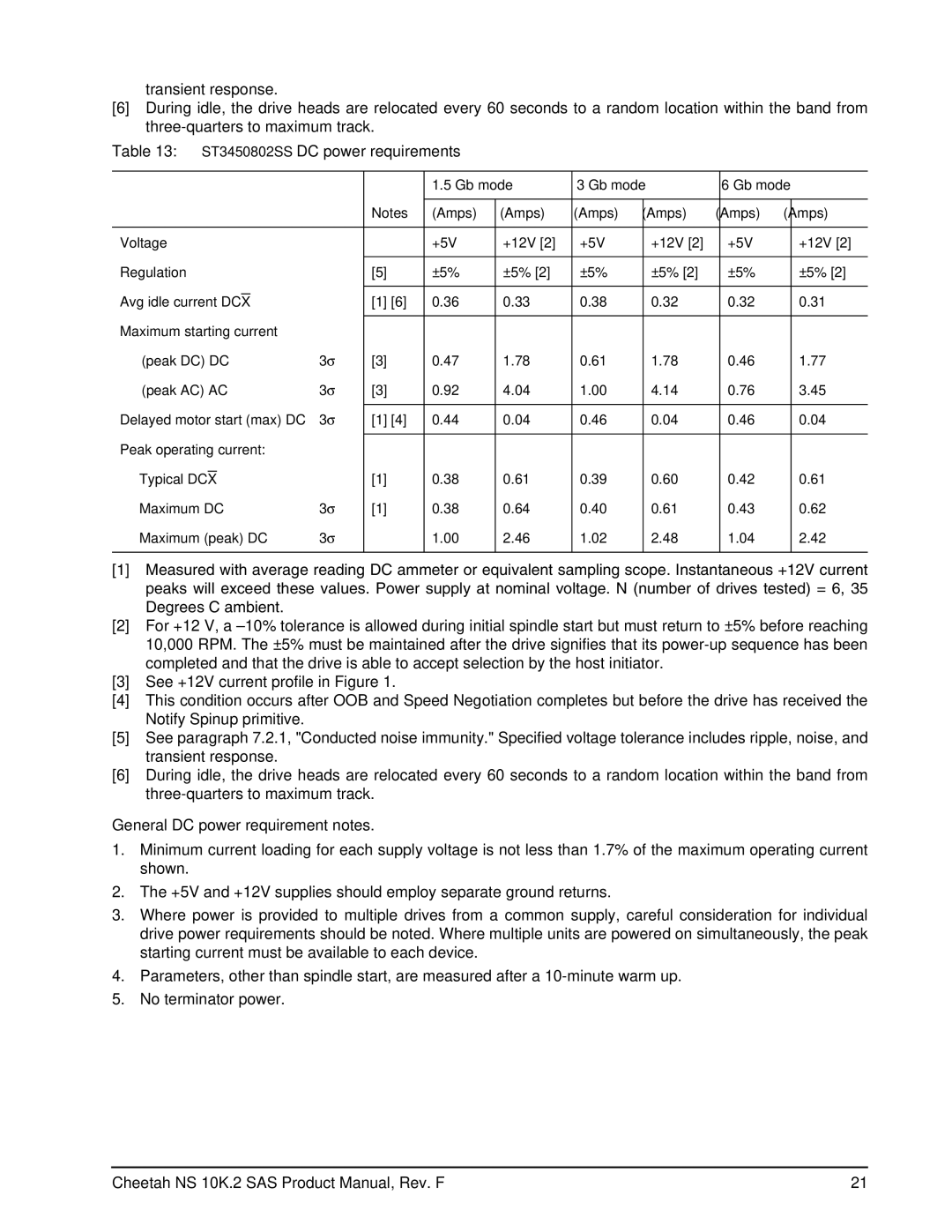 Seagate ST3600002SS manual ST3450802SS DC power requirements, General DC power requirement notes 