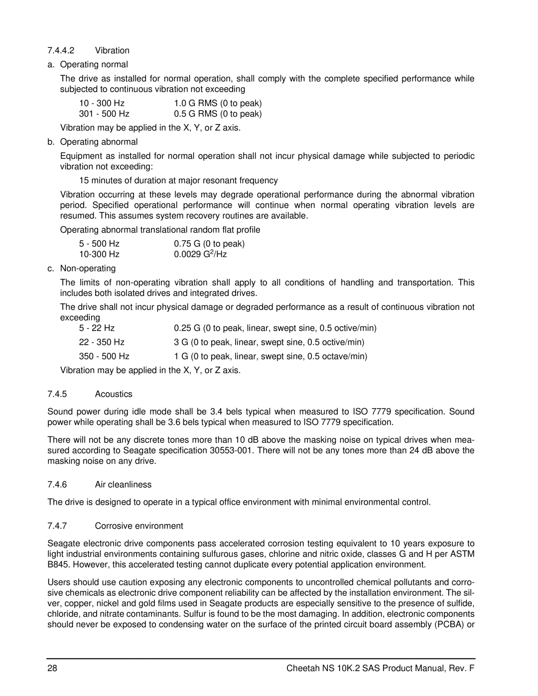 Seagate ST3450802SS, ST3600002SS manual Vibration a. Operating-normal, Acoustics, Air cleanliness, Corrosive environment 