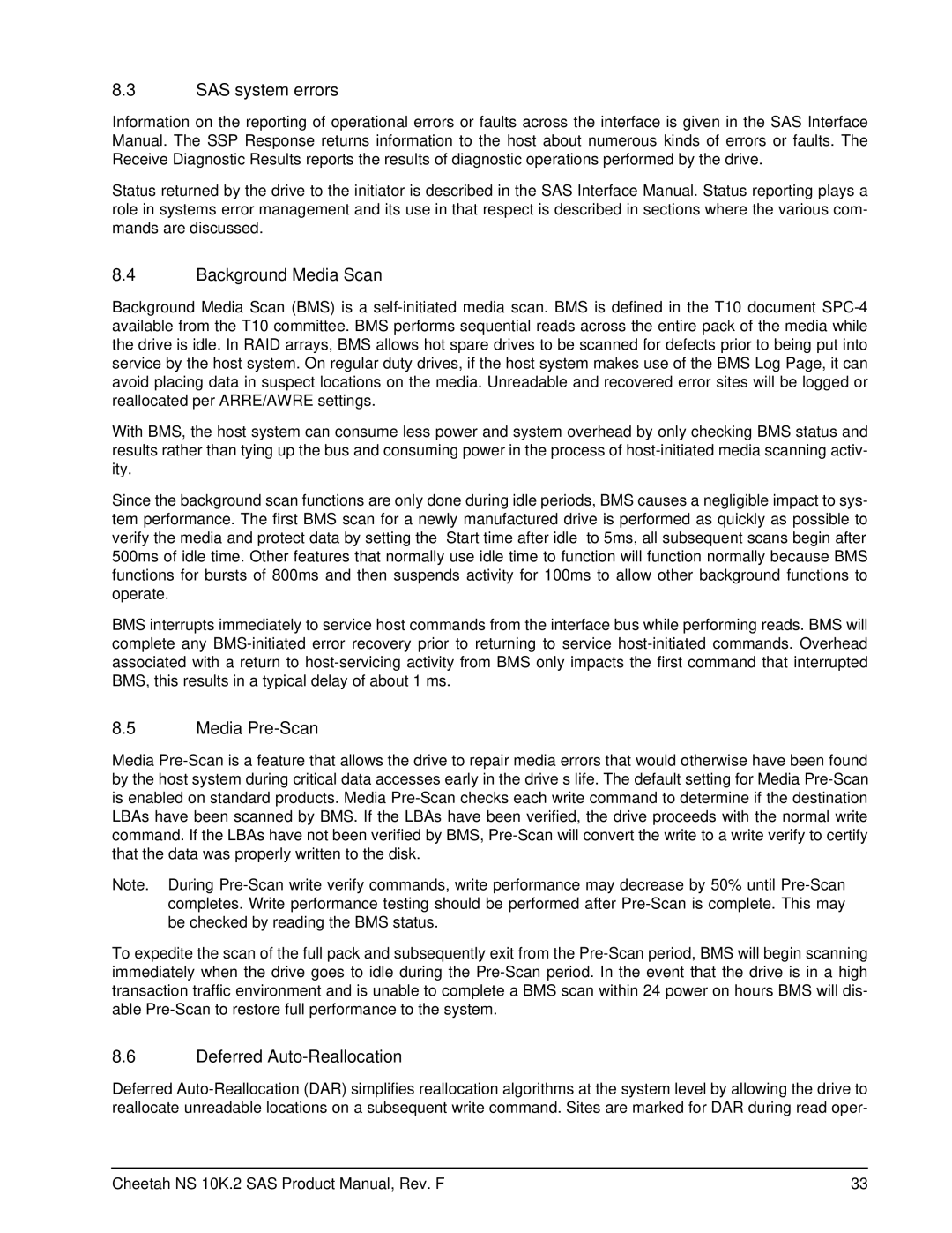 Seagate ST3600002SS, ST3450802SS manual SAS system errors, Background Media Scan, Media Pre-Scan, Deferred Auto-Reallocation 