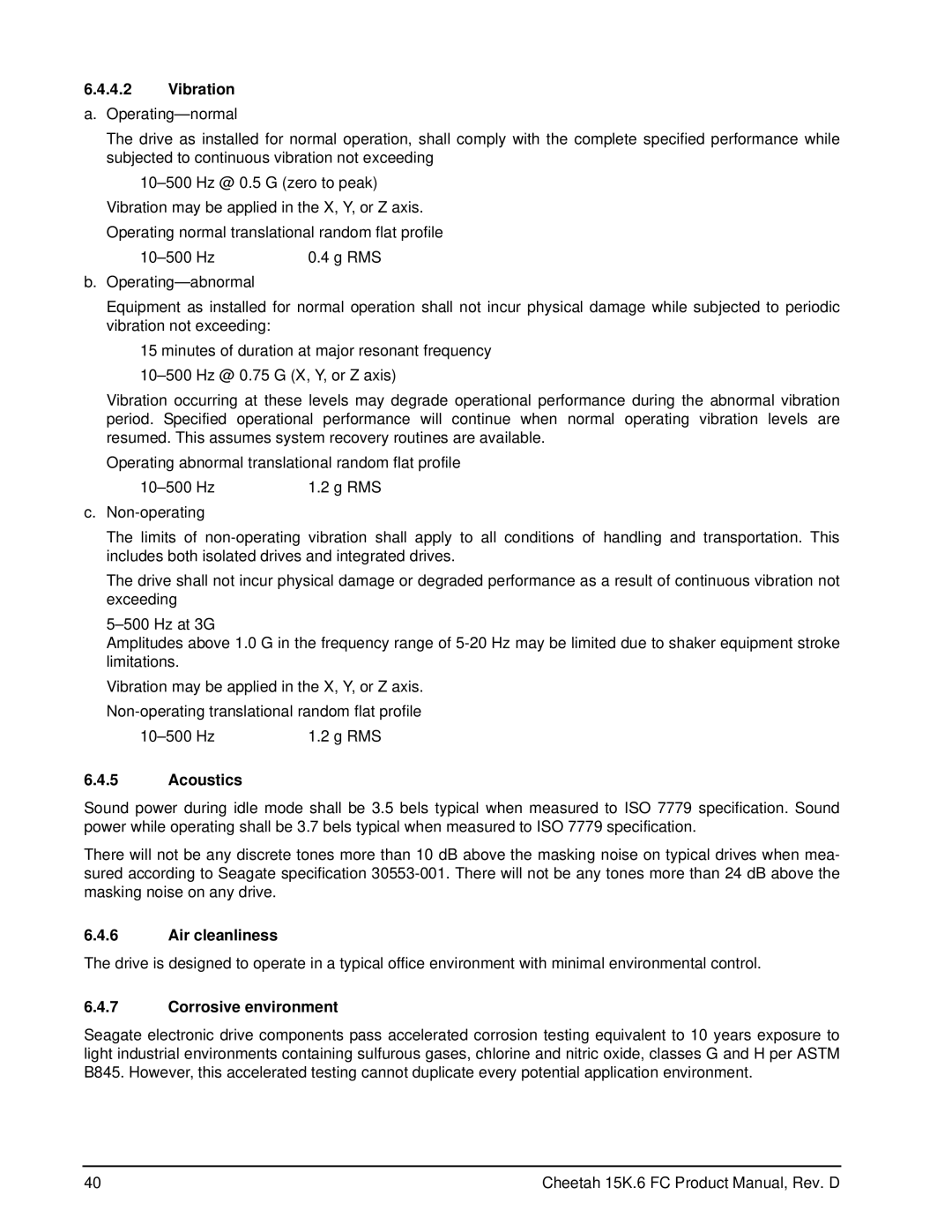 Seagate ST3450856FC manual Vibration, Acoustics, Air cleanliness, Corrosive environment 