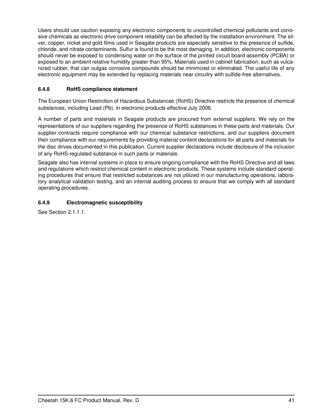 Seagate ST3450856FC manual RoHS compliance statement, Electromagnetic susceptibility 