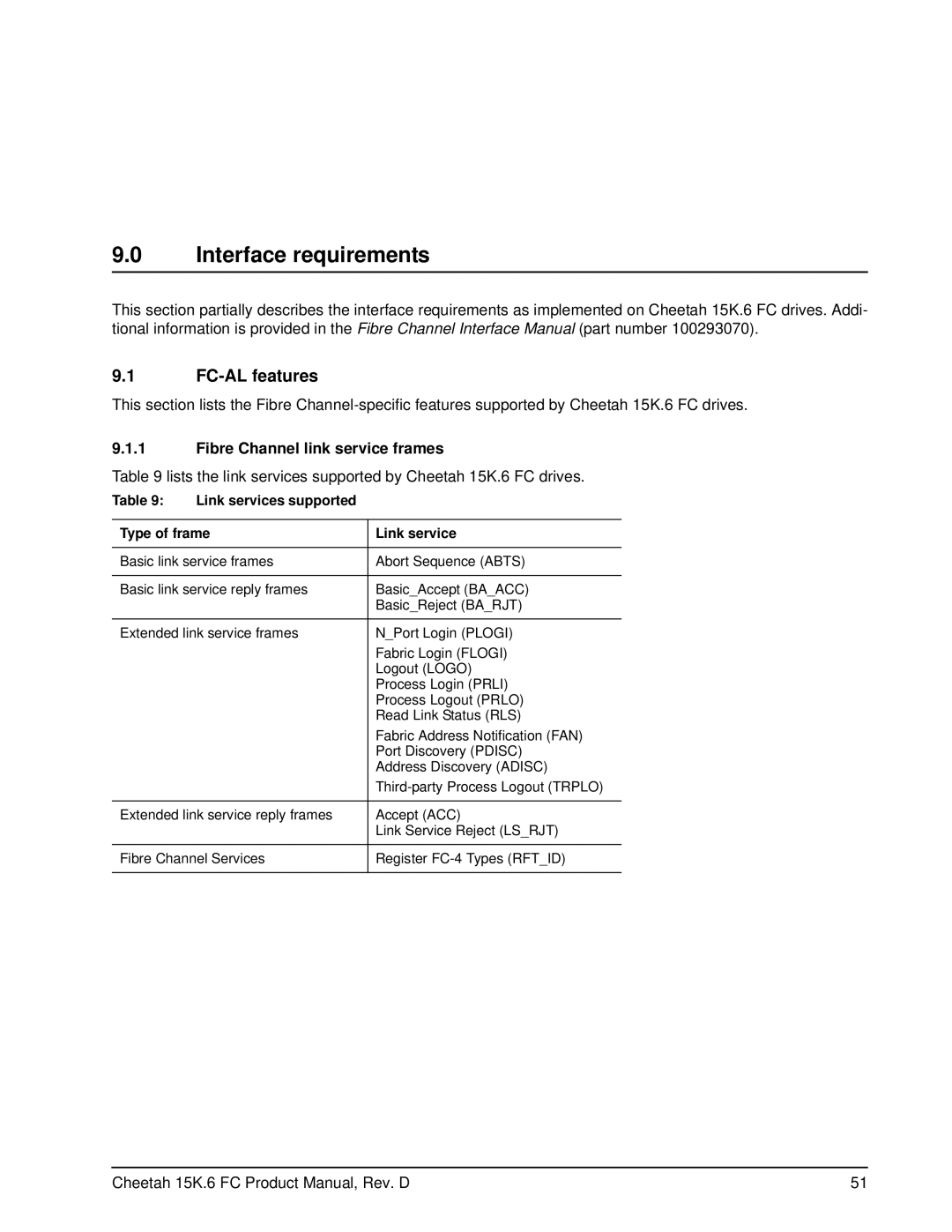 Seagate ST3450856FC manual Interface requirements, FC-AL features, Fibre Channel link service frames 