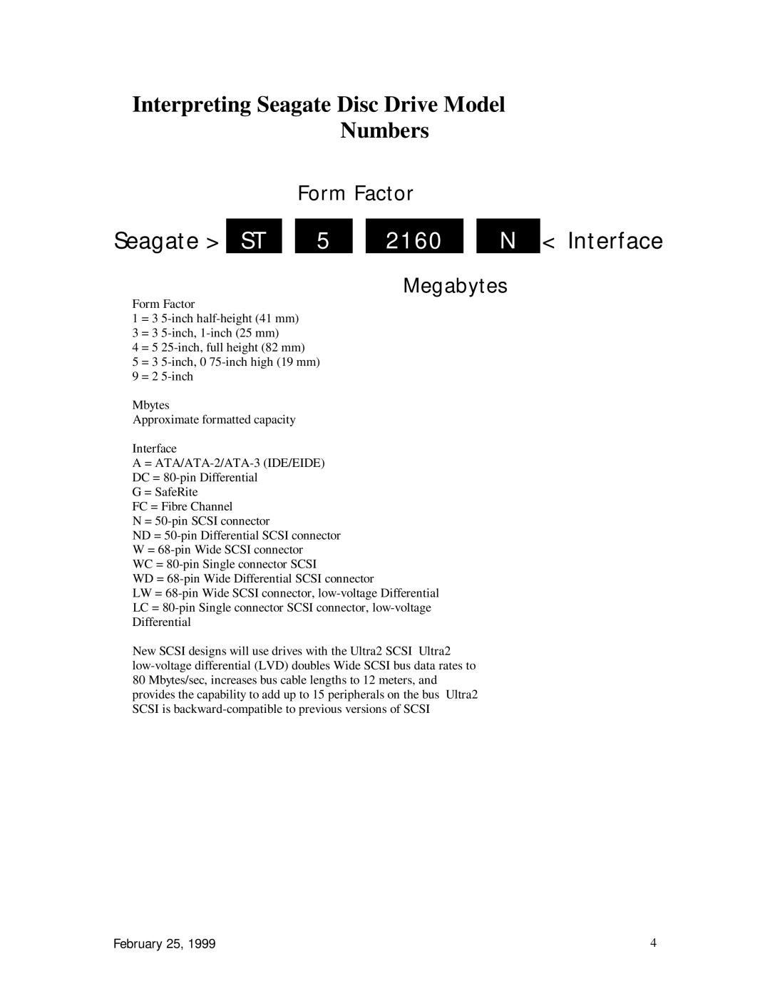 Seagate ST34520W manual Interpreting Seagate Disc Drive Model Numbers, Seagate 2160 Interface 