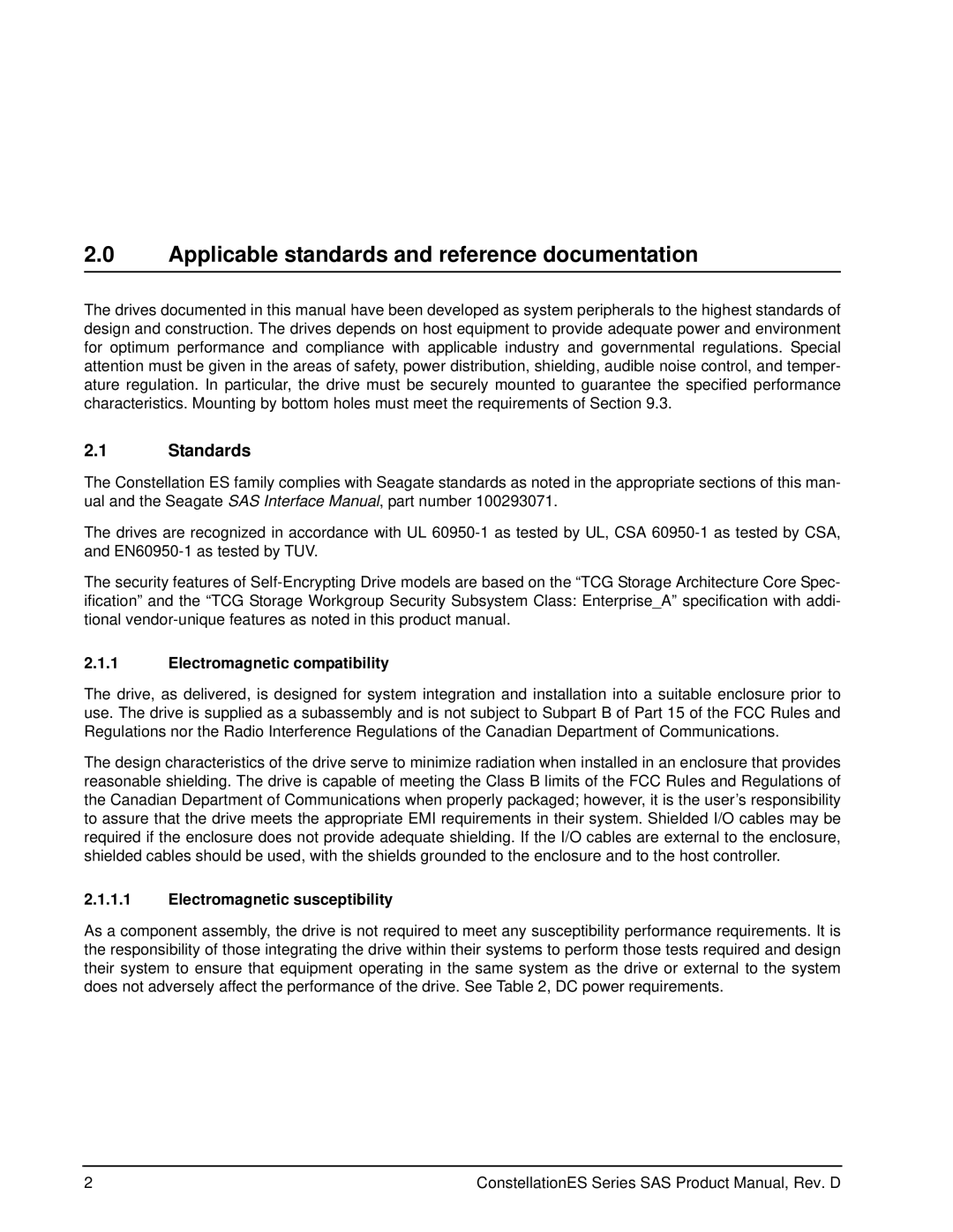 Seagate ST35000414SS manual Applicable standards and reference documentation, Standards, Electromagnetic compatibility 