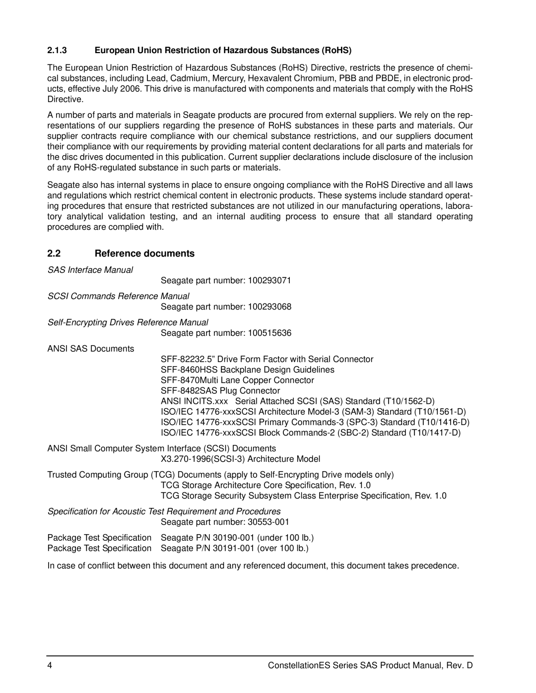 Seagate ST35000414SS, ST35000415SS manual Reference documents, European Union Restriction of Hazardous Substances RoHS 