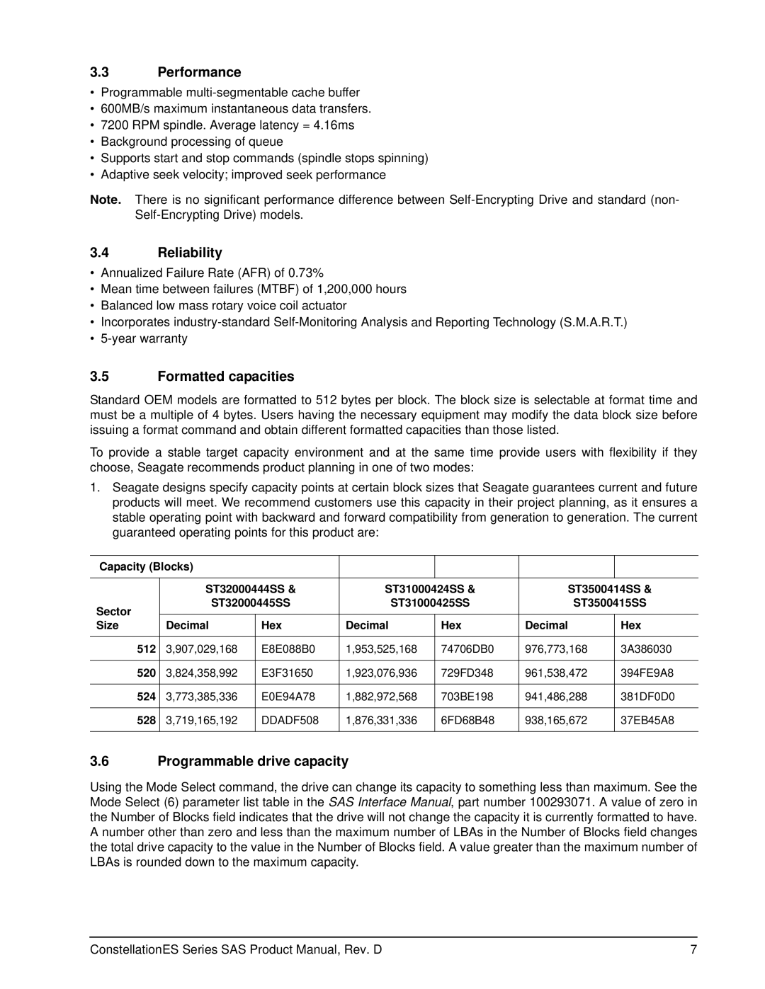 Seagate ST35000415SS, ST35000414SS manual Performance, Reliability, Formatted capacities, Programmable drive capacity 