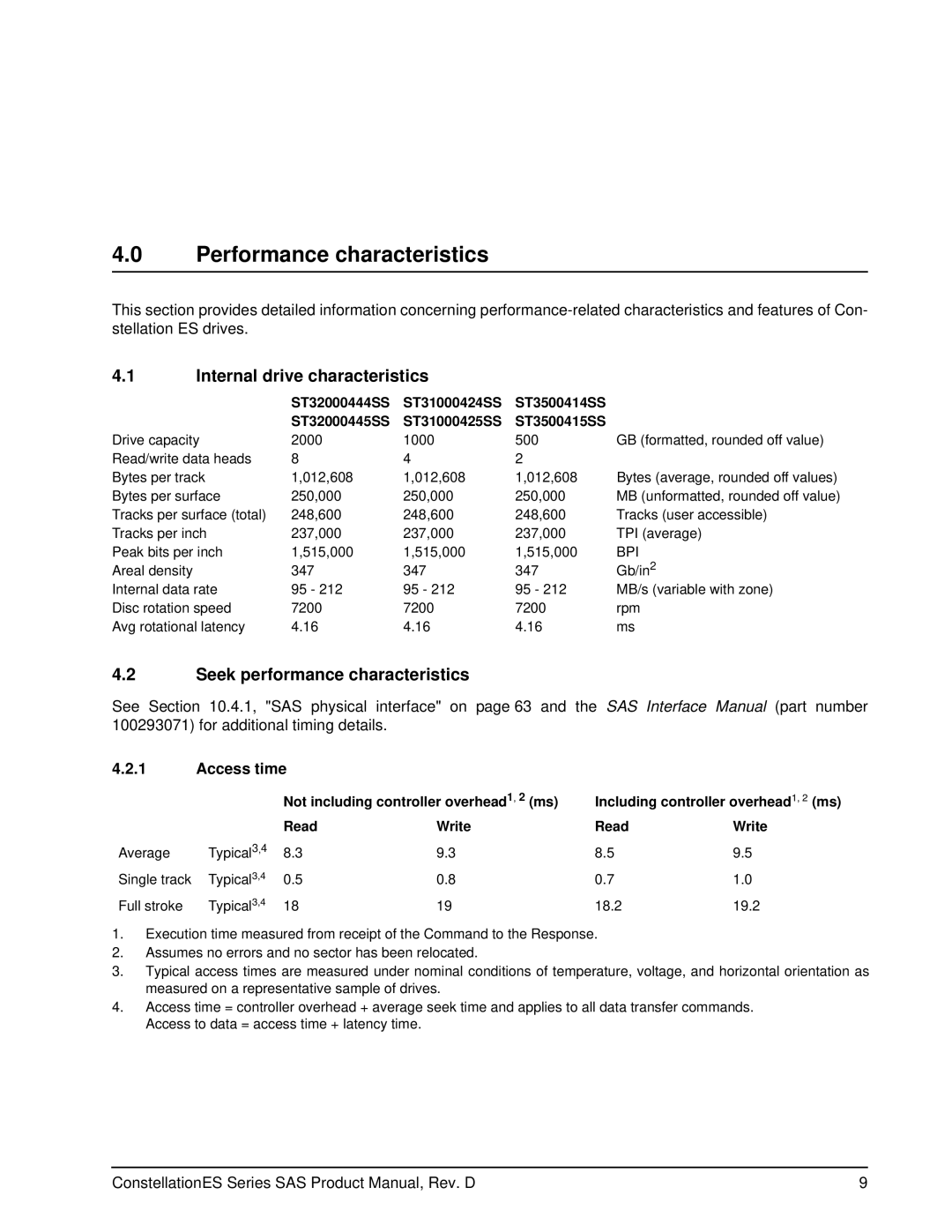 Seagate ST35000415SS manual Performance characteristics, Internal drive characteristics, Seek performance characteristics 