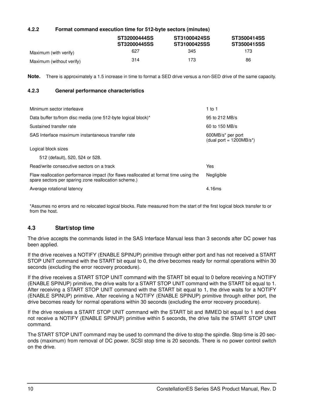 Seagate ST35000414SS, ST35000415SS manual Start/stop time, General performance characteristics 