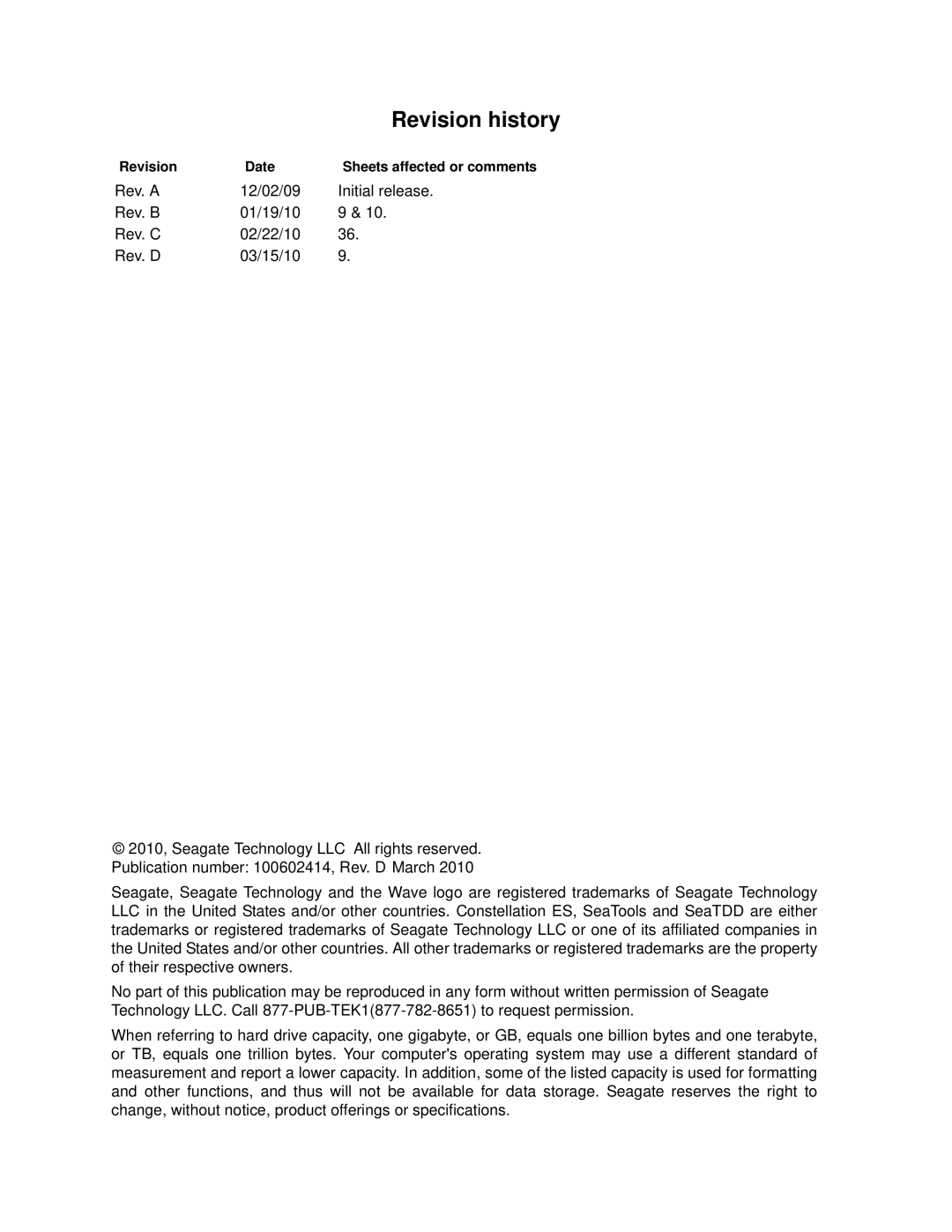 Seagate ST35000414SS, ST35000415SS manual Revision history 