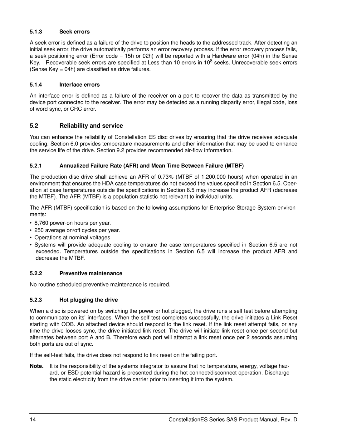 Seagate ST35000414SS, ST35000415SS manual Reliability and service, Seek errors, Interface errors, Preventive maintenance 