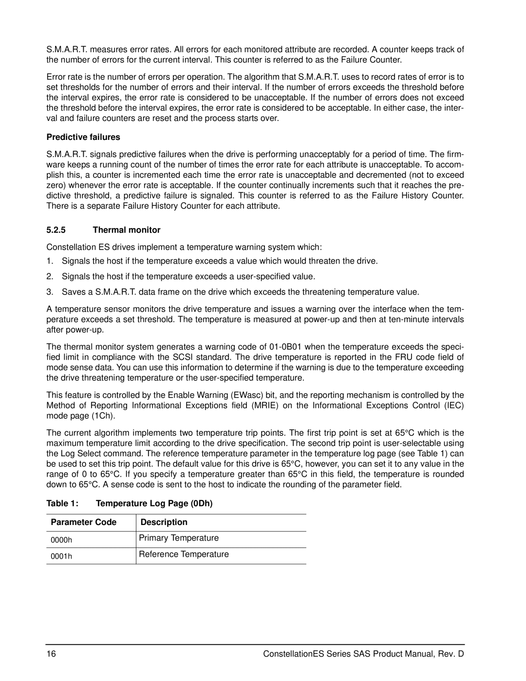 Seagate ST35000414SS manual Predictive failures, Thermal monitor, Temperature Log Page 0Dh Parameter Code Description 