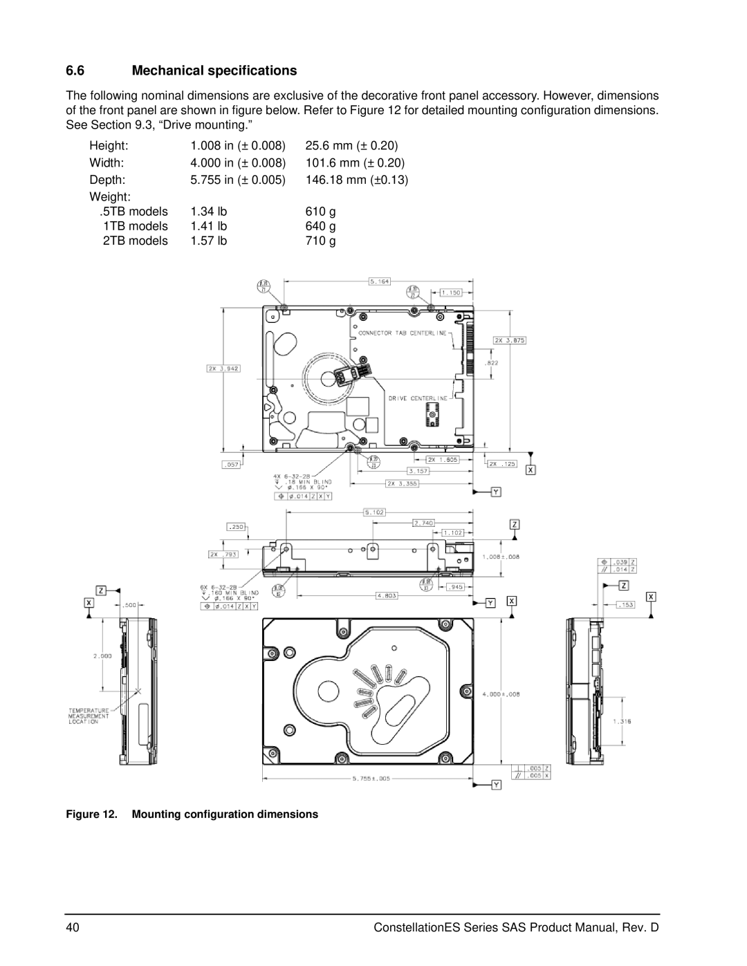 Seagate ST35000414SS, ST35000415SS manual Mechanical specifications, Mounting configuration dimensions 