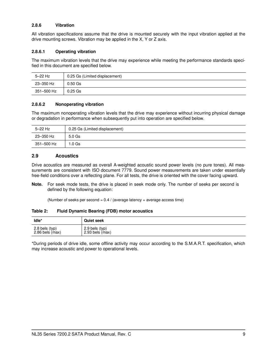 Seagate ST3500641NS, ST3500841NS manual Acoustics, Vibration, Operating vibration, Nonoperating vibration 