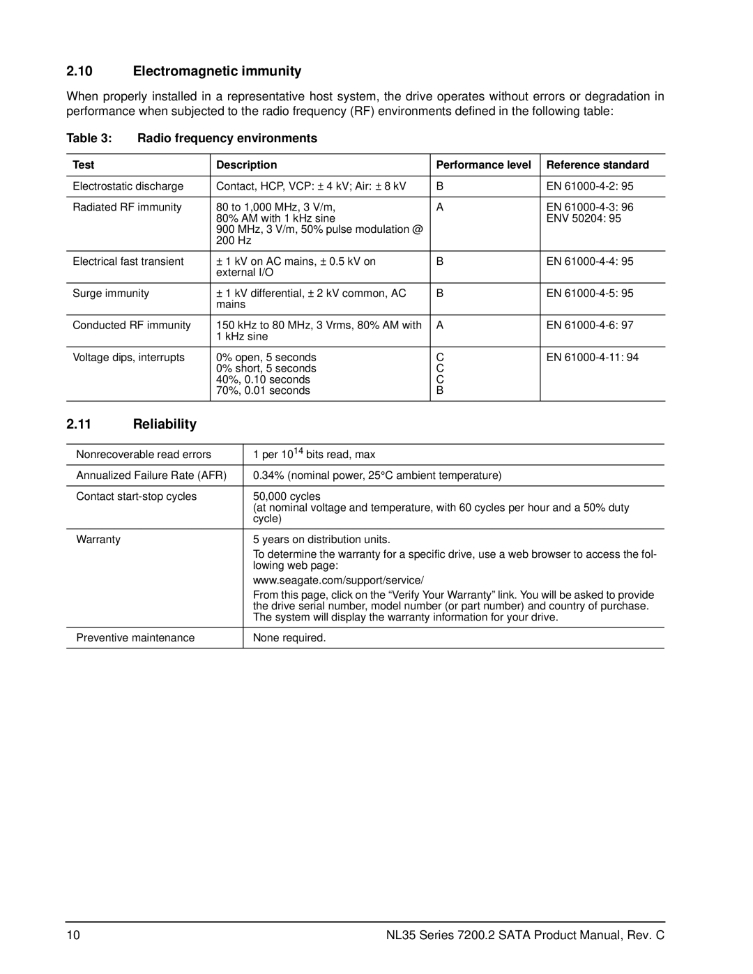 Seagate ST3500841NS, ST3500641NS manual Electromagnetic immunity, Reliability, Radio frequency environments 