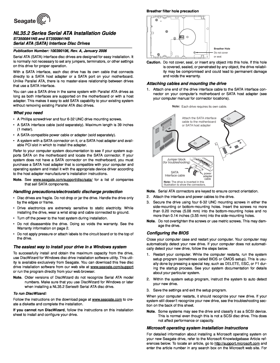 Seagate manual ST3500841NS ST3500641NS, NL35 Series 7200.2 Serial ATA, Product Manual 