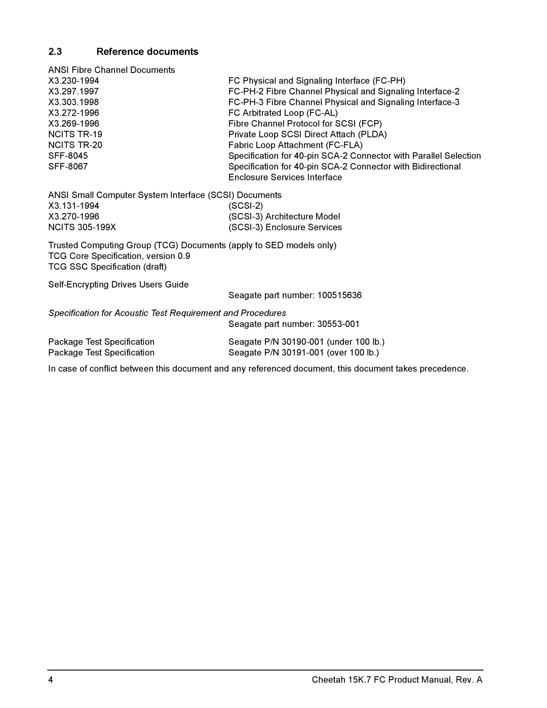 Seagate ST3600057FC manual Reference documents, Ncits TR-20 