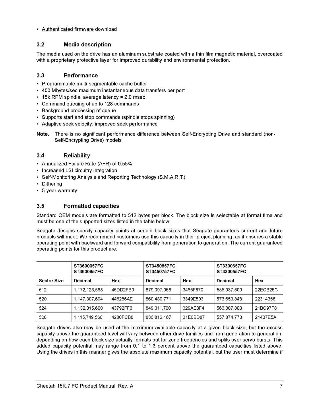 Seagate ST3600057FC manual Media description, Performance, Reliability, Formatted capacities 