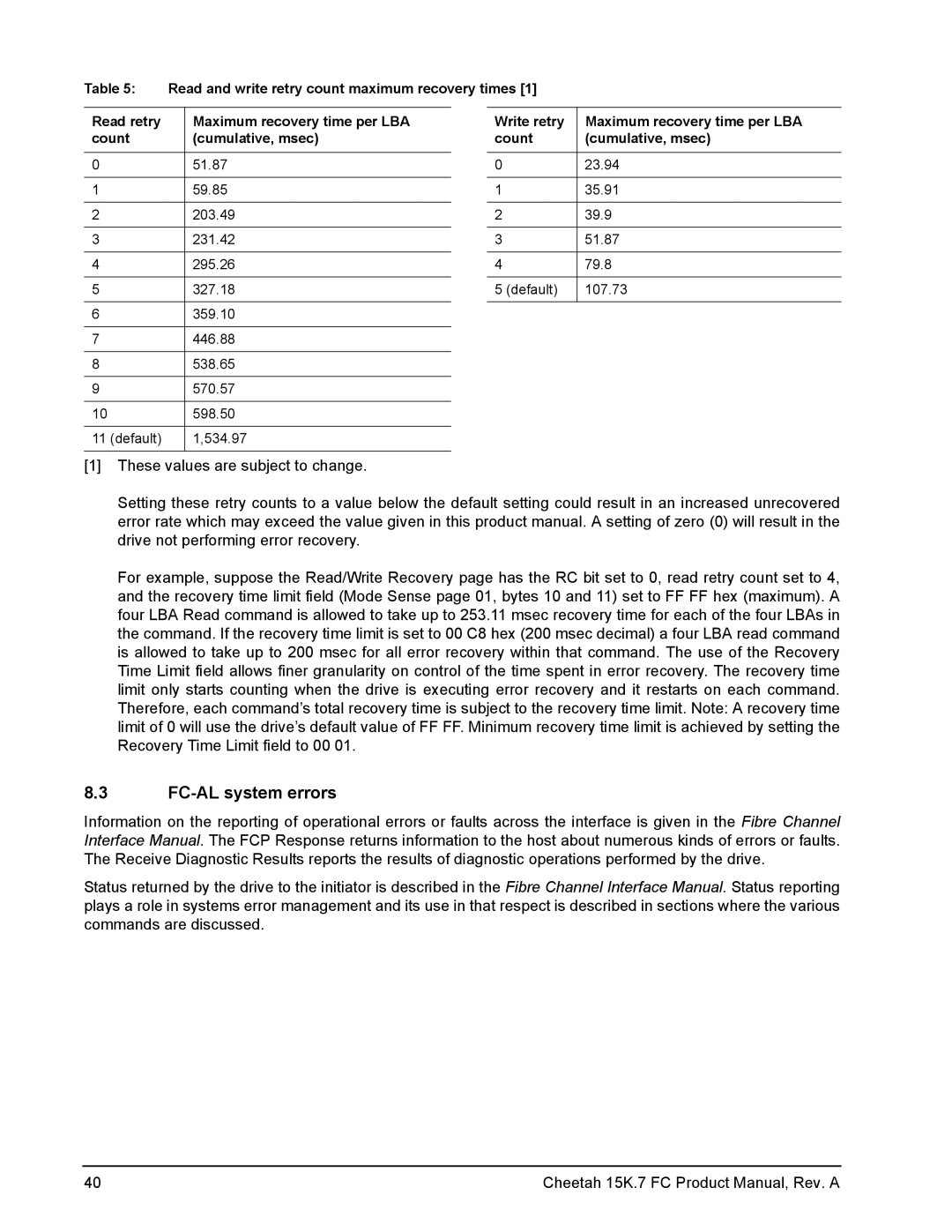 Seagate ST3600057FC manual FC-AL system errors, These values are subject to change 