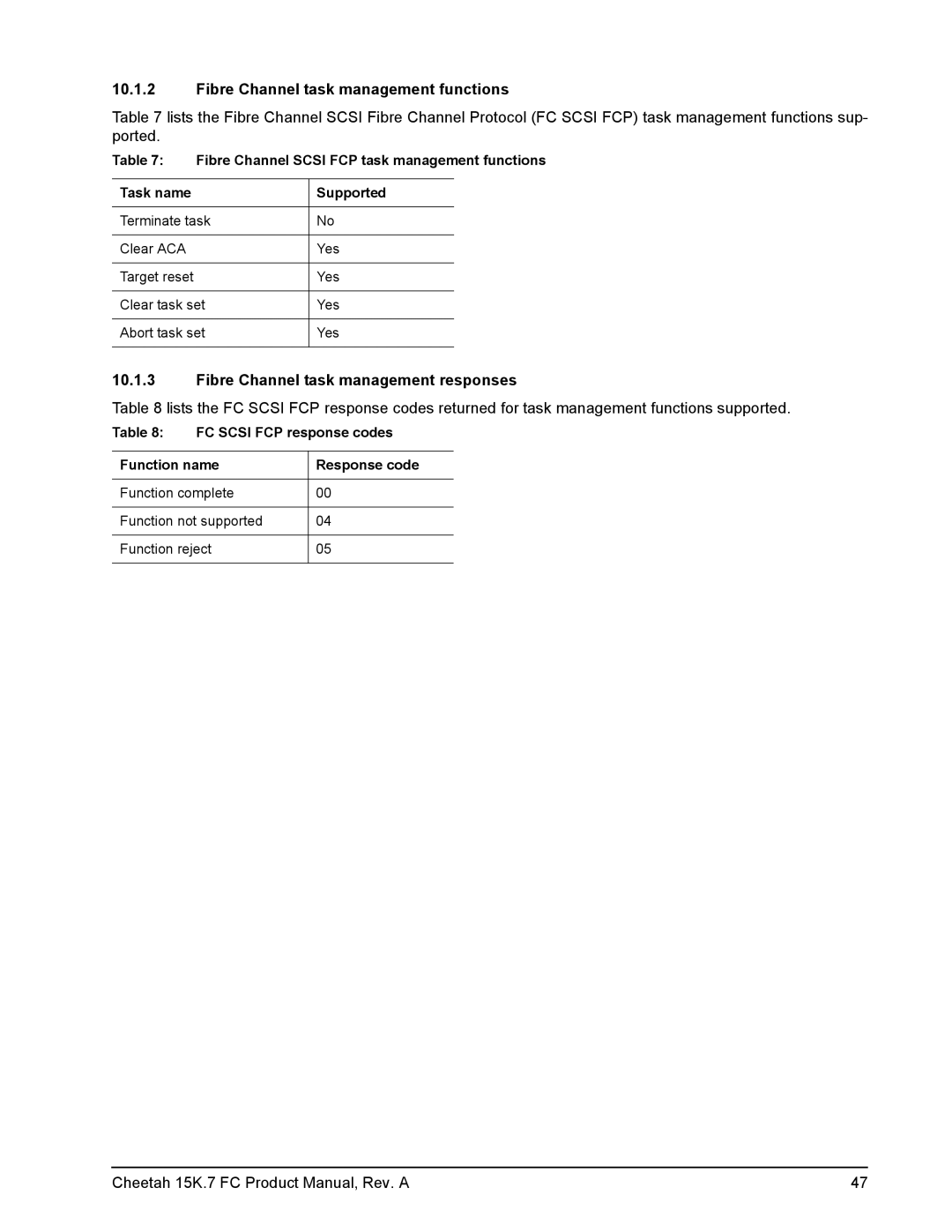 Seagate ST3600057FC manual Fibre Channel task management functions, Fibre Channel task management responses 