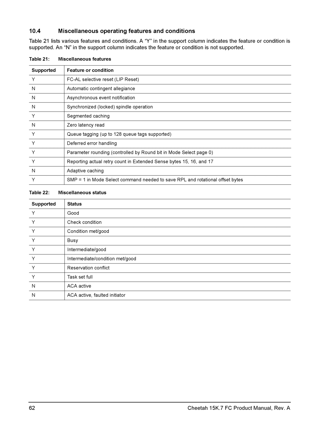 Seagate ST3600057FC manual Miscellaneous operating features and conditions, Miscellaneous features, Miscellaneous status 