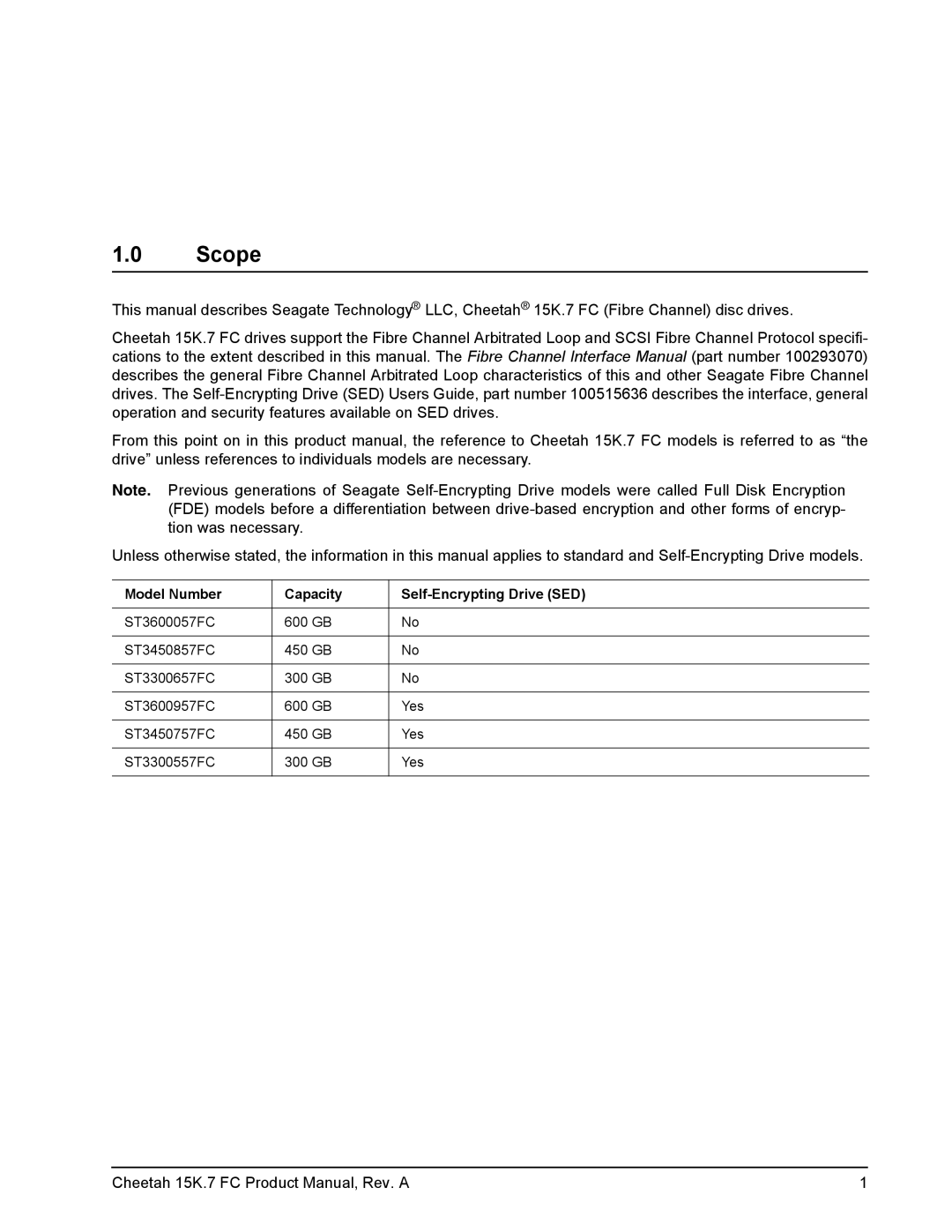 Seagate ST3600057FC manual Scope, Model Number Capacity Self-Encrypting Drive SED 