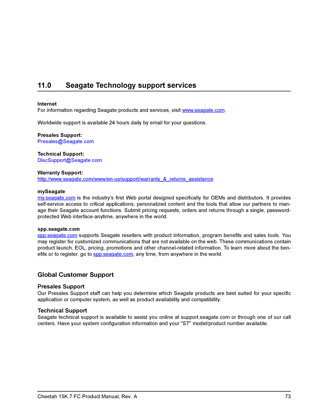 Seagate ST3600057FC manual Seagate Technology support services, Presales Support, Technical Support 