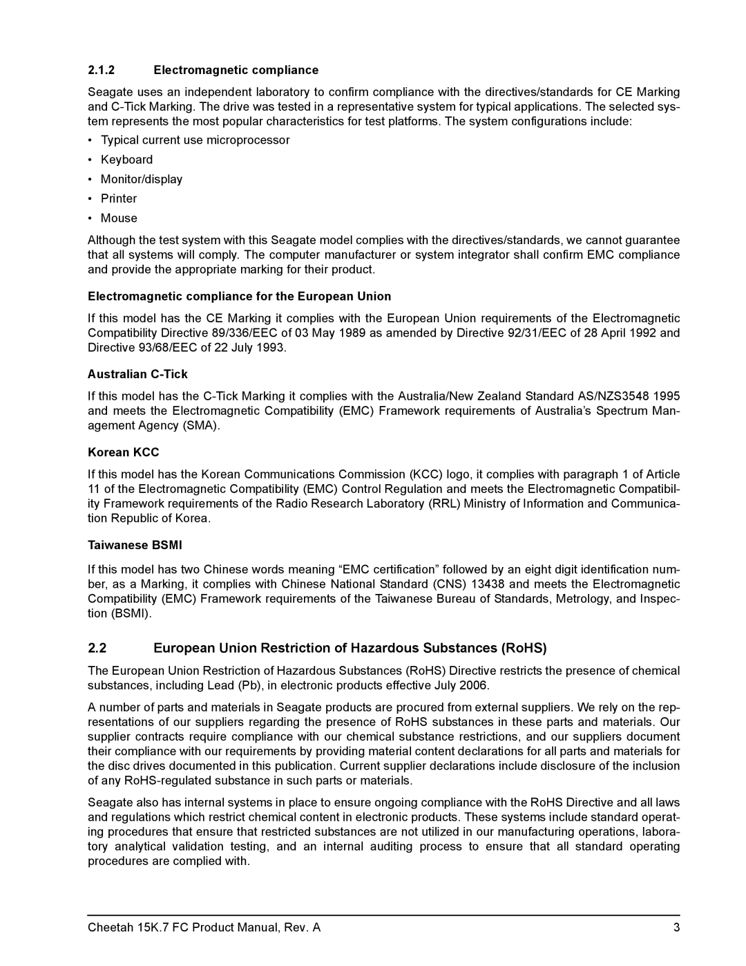 Seagate ST3600057FC manual European Union Restriction of Hazardous Substances RoHS 