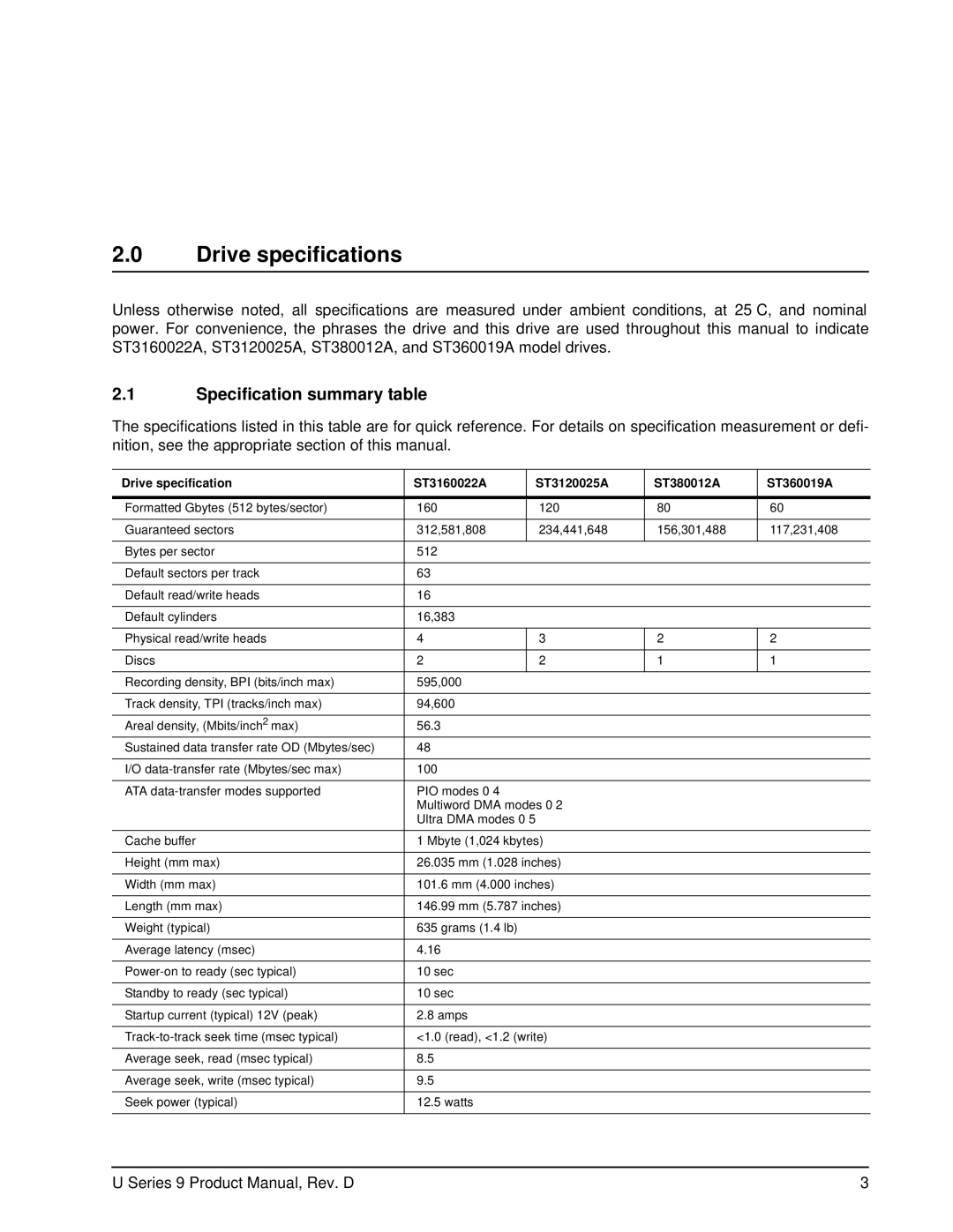 Seagate ST360019A manual Drive specifications, Specification summary table 