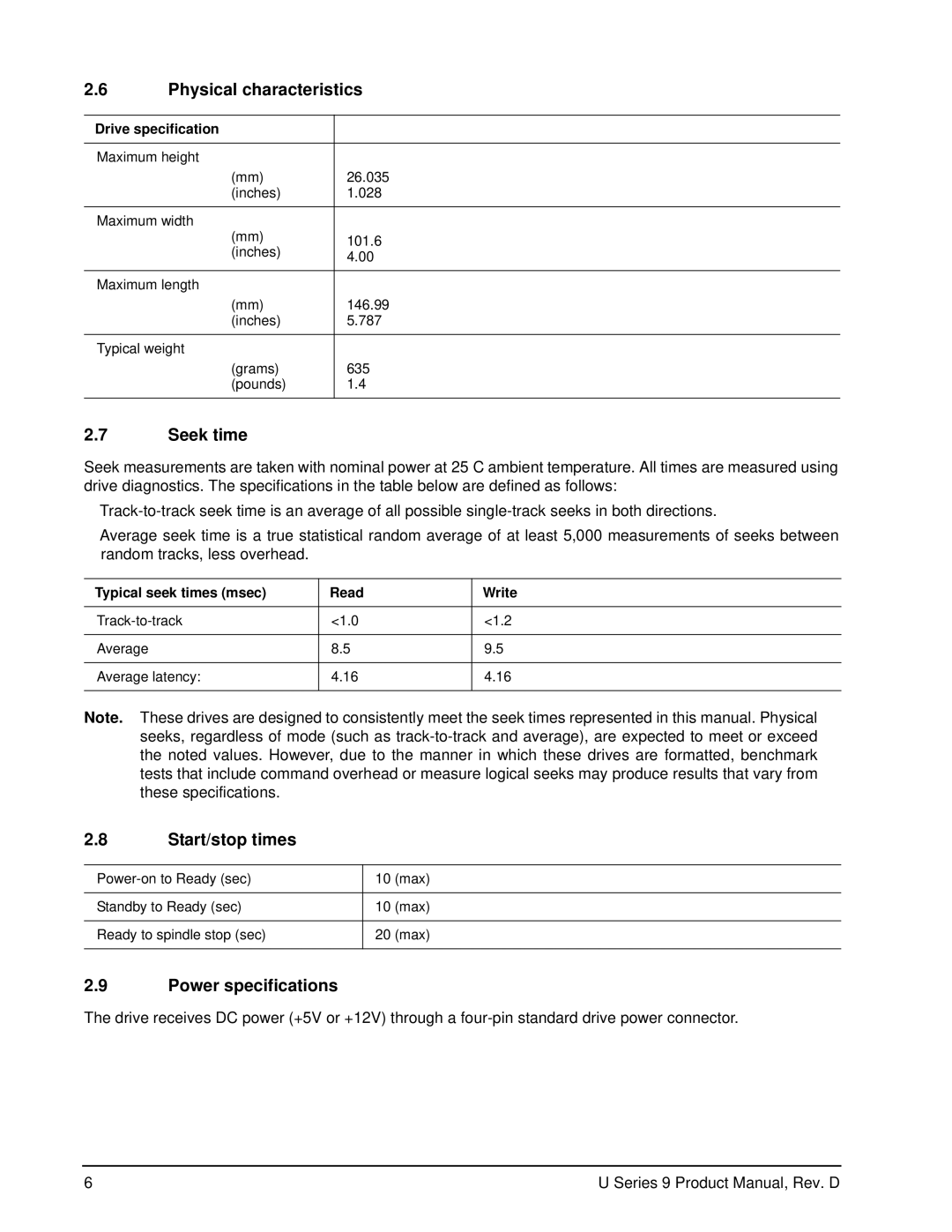 Seagate ST360019A manual Physical characteristics, Seek time, Start/stop times, Power specifications 