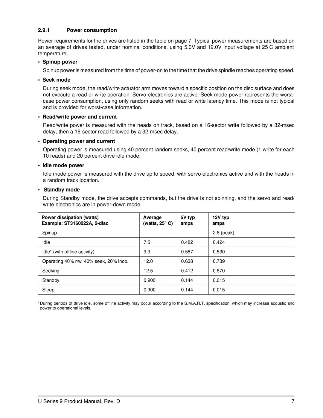 Seagate ST360019A Power consumption, Spinup power, Seek mode, Read/write power and current, Operating power and current 