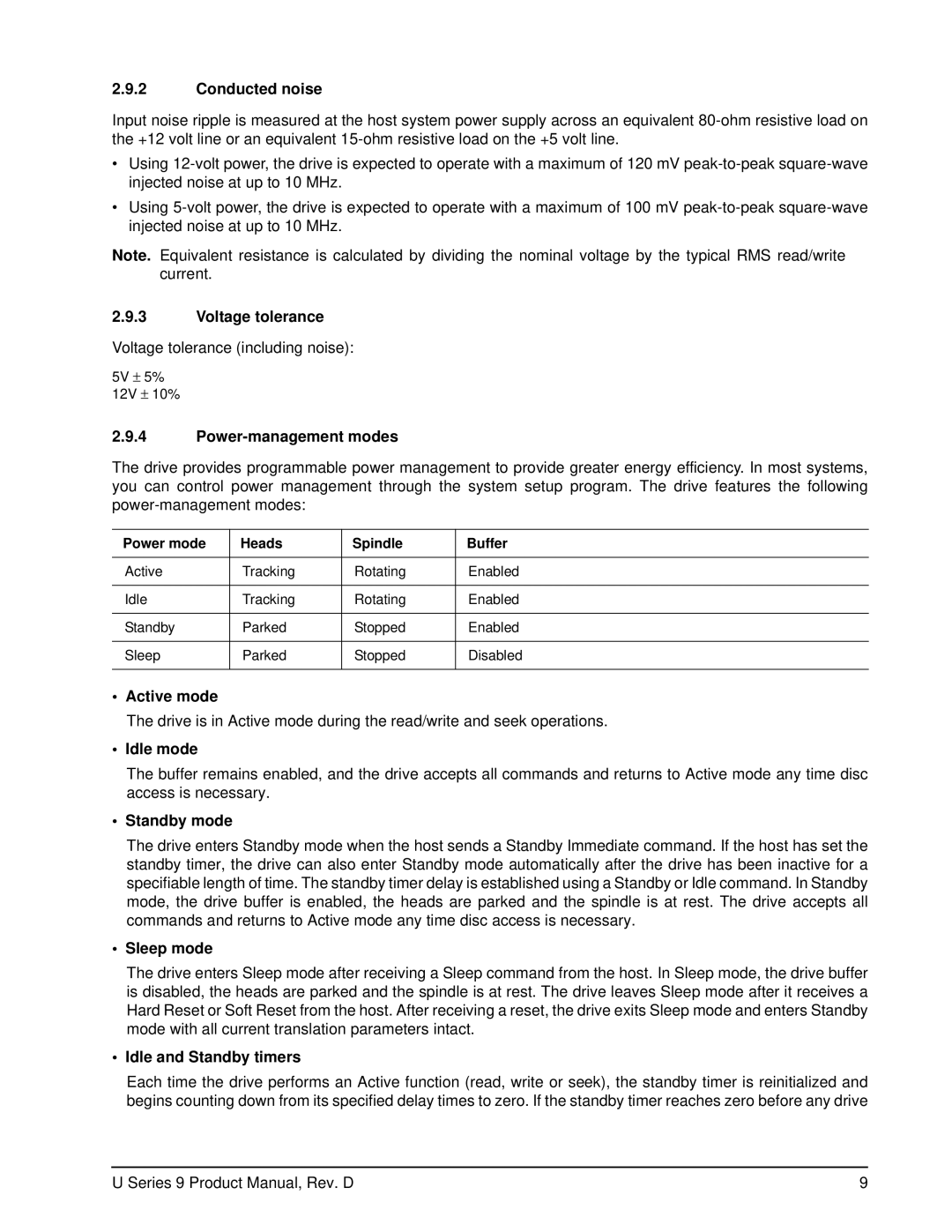 Seagate ST360019A manual Conducted noise, Voltage tolerance, Power-management modes, Active mode, Idle mode, Sleep mode 