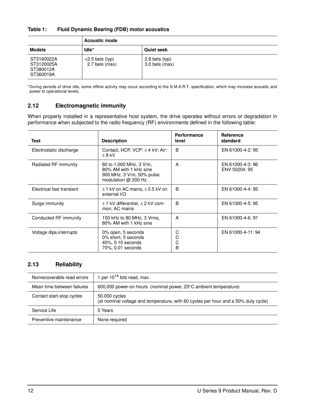 Seagate ST360019A manual Electromagnetic immunity, Reliability, Fluid Dynamic Bearing FDB motor acoustics 