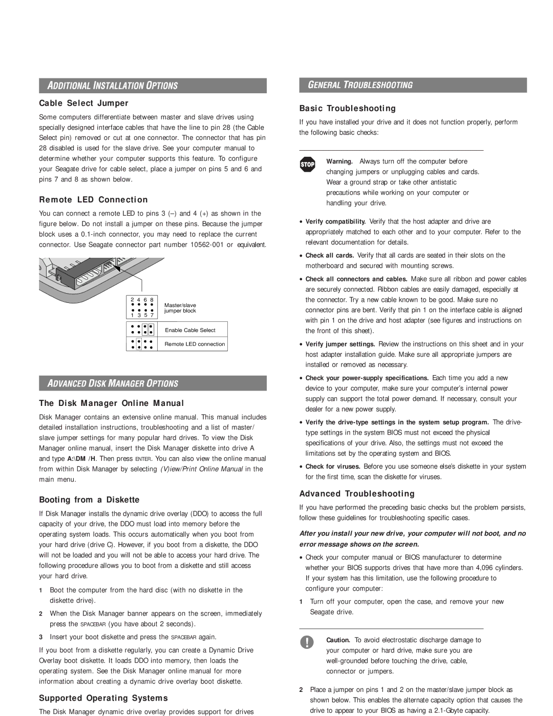 Seagate ST36451A, ST36450A Cable Select Jumper, Remote LED Connection, Disk Manager Online Manual, Booting from a Diskette 