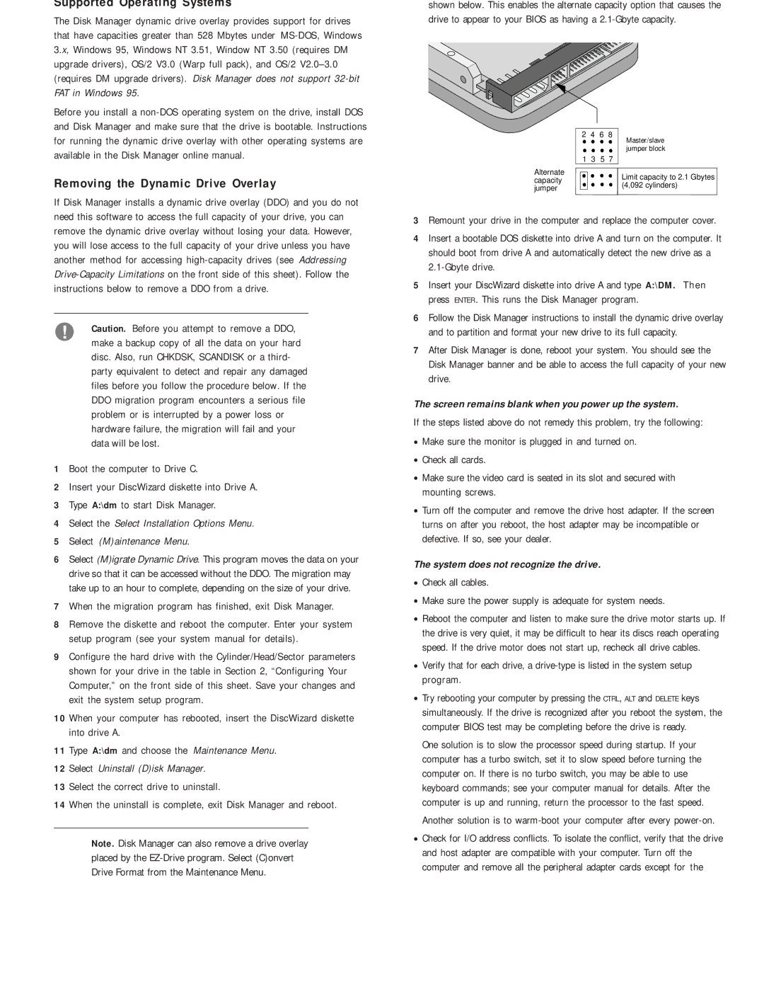 Seagate ST36451A, ST36450A manual Removing the Dynamic Drive Overlay, Screen remains blank when you power up the system 