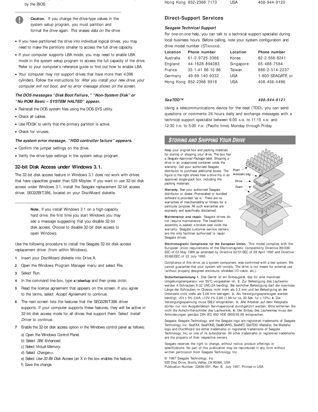 Seagate ST36450A, ST36451A manual Direct-Support Services, Bit Disk Access under Windows, Seagate Technical Support 