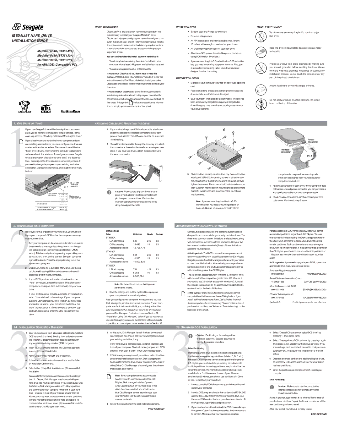 Seagate ST33220A, ST36540A, ST35130A warranty Medalist Hard Drive Installation Guide 