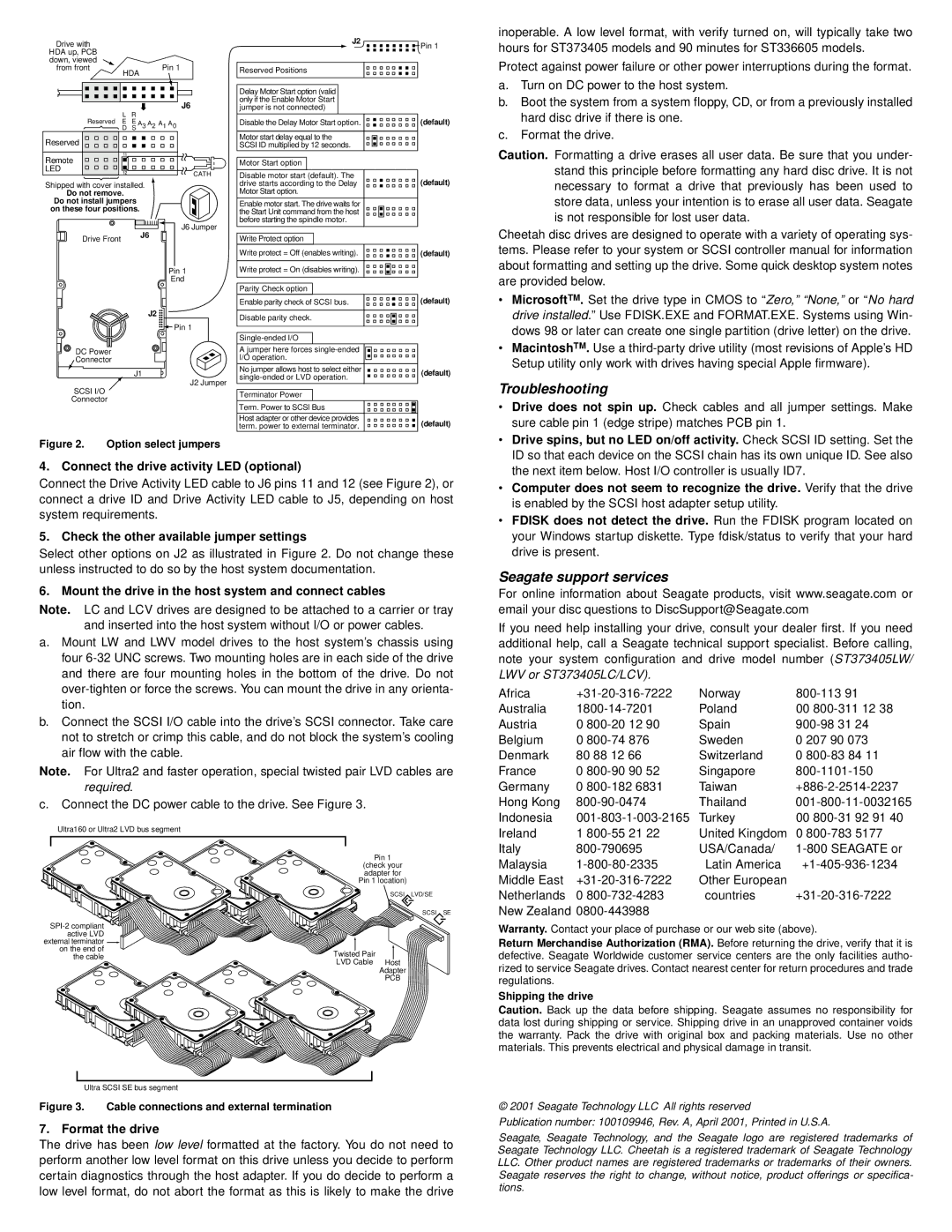 Seagate ST373405LW, ST336605LC/LCV installation instructions Troubleshooting, Seagate support services 