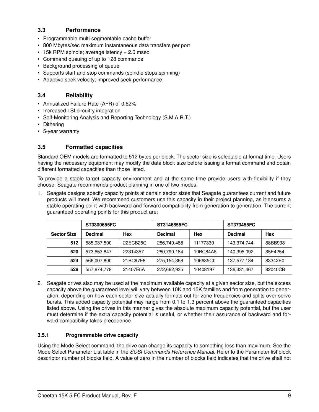 Seagate ST373453LC manual Performance, Reliability, Formatted capacities, Programmable drive capacity 