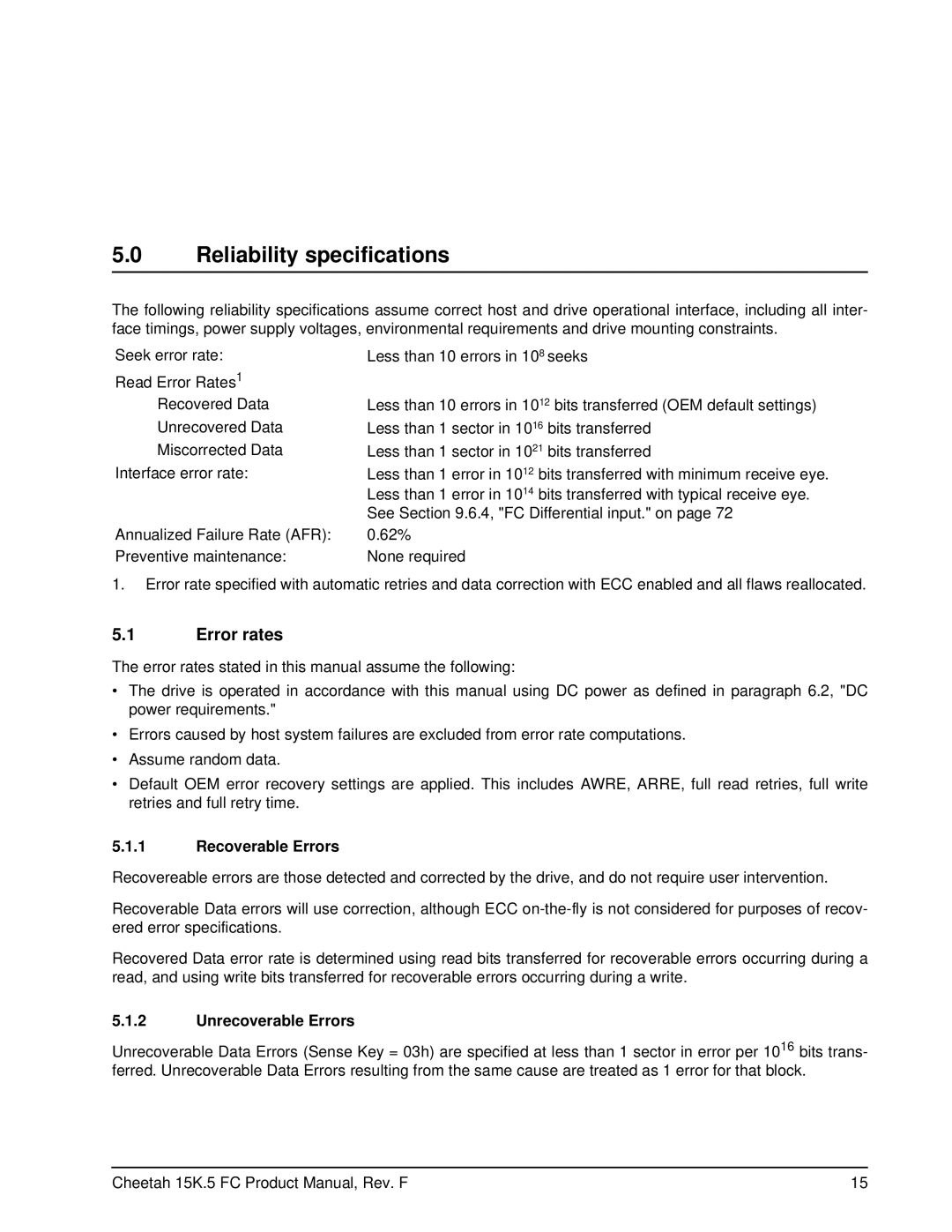 Seagate ST373453LC manual Reliability specifications, Error rates, Recoverable Errors, Unrecoverable Errors 