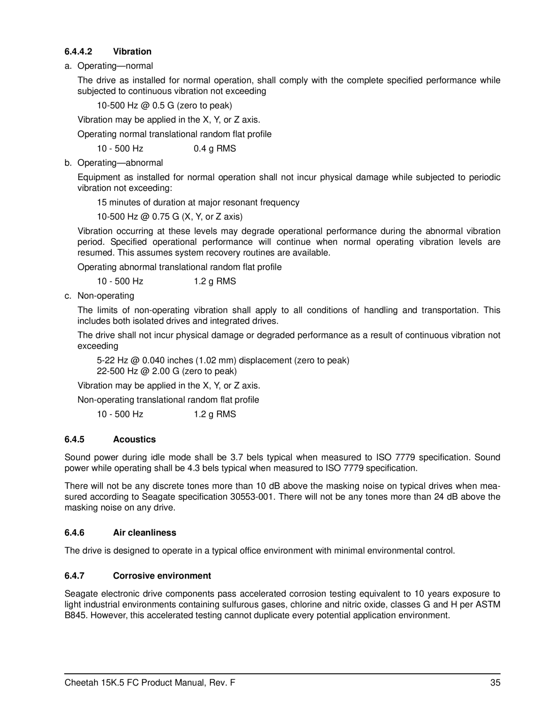 Seagate ST373453LC manual Vibration, Acoustics, Air cleanliness, Corrosive environment 