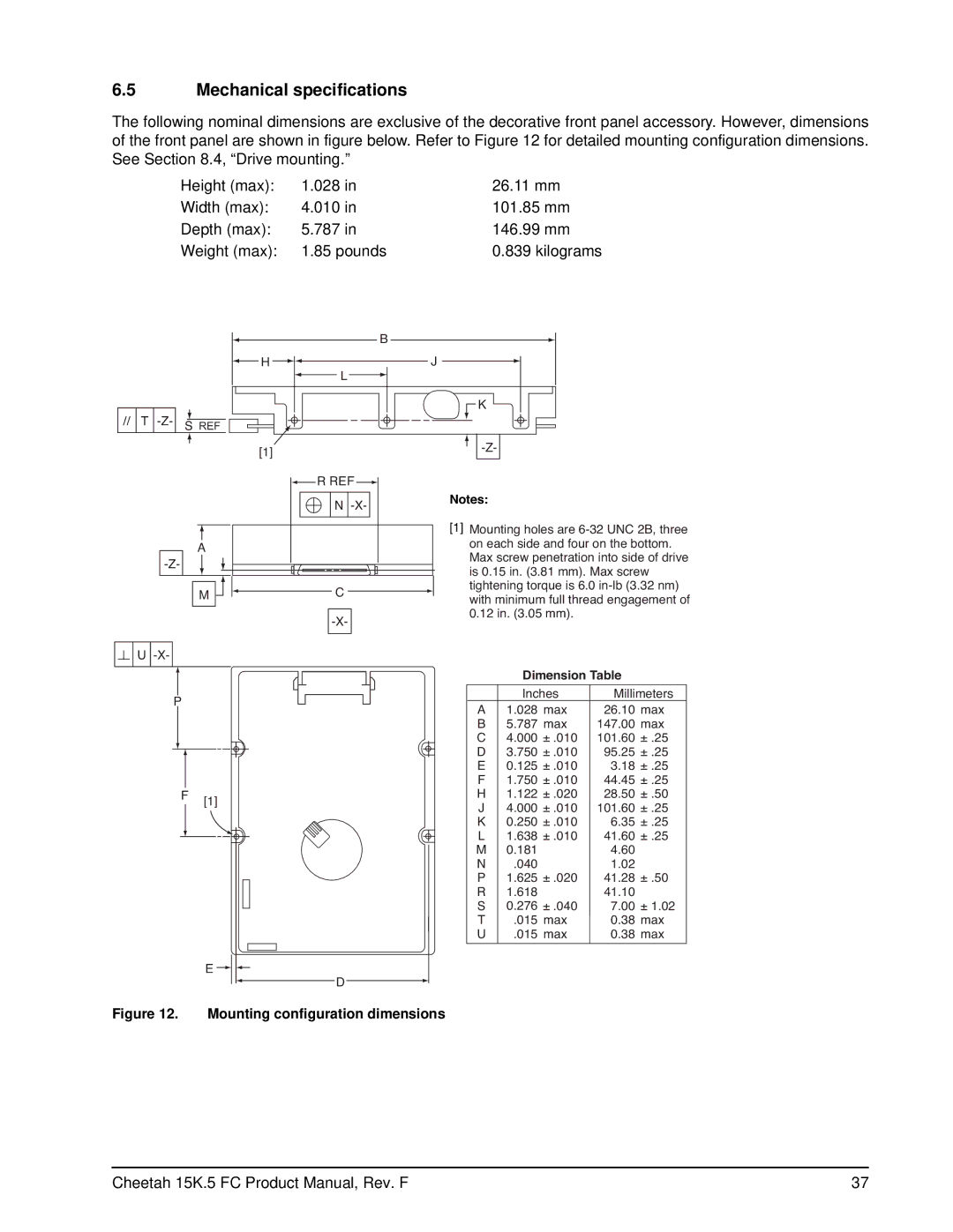 Seagate ST373453LC manual Mechanical specifications, Mounting configuration dimensions 