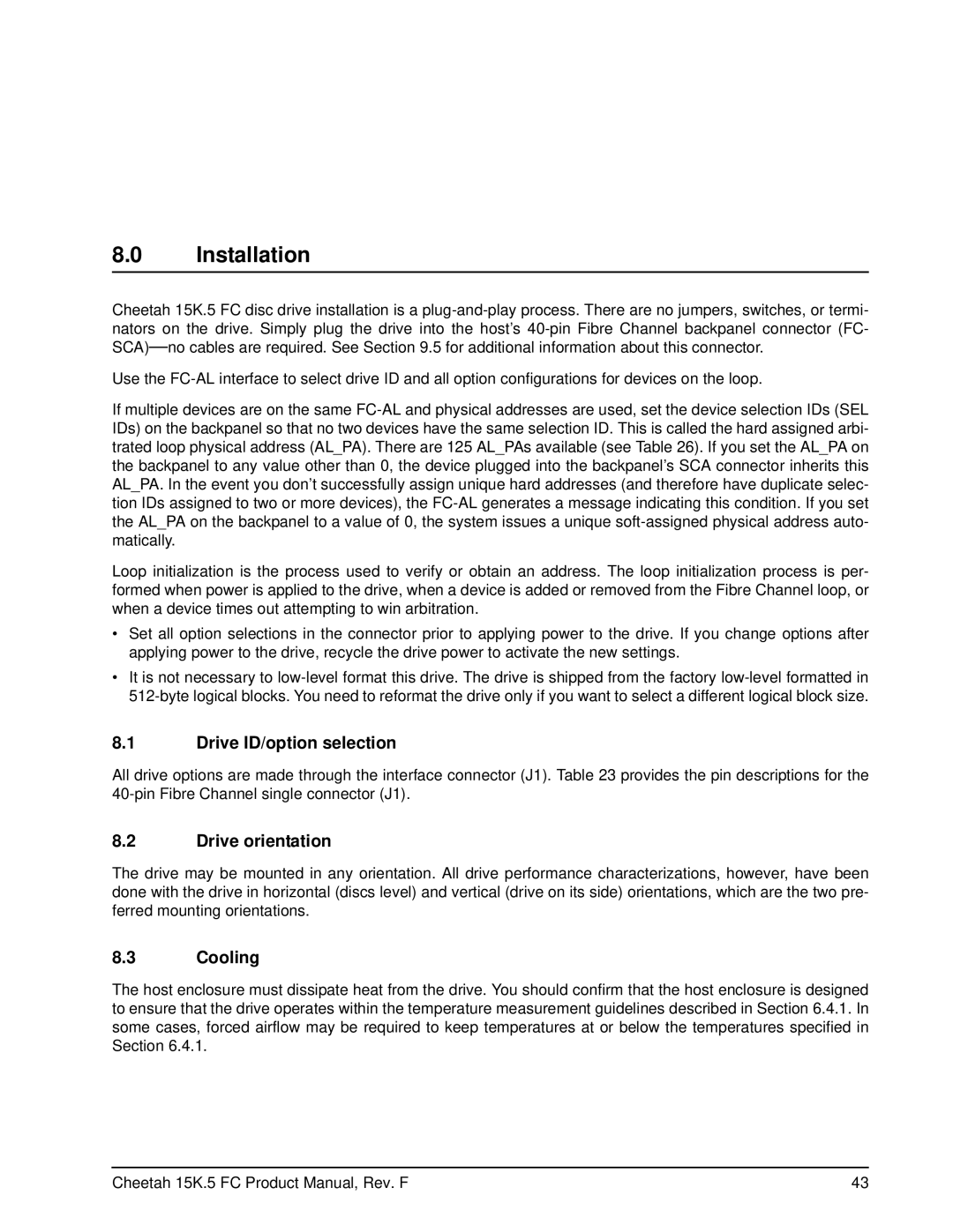 Seagate ST373453LC manual Installation, Drive ID/option selection, Drive orientation, Cooling 