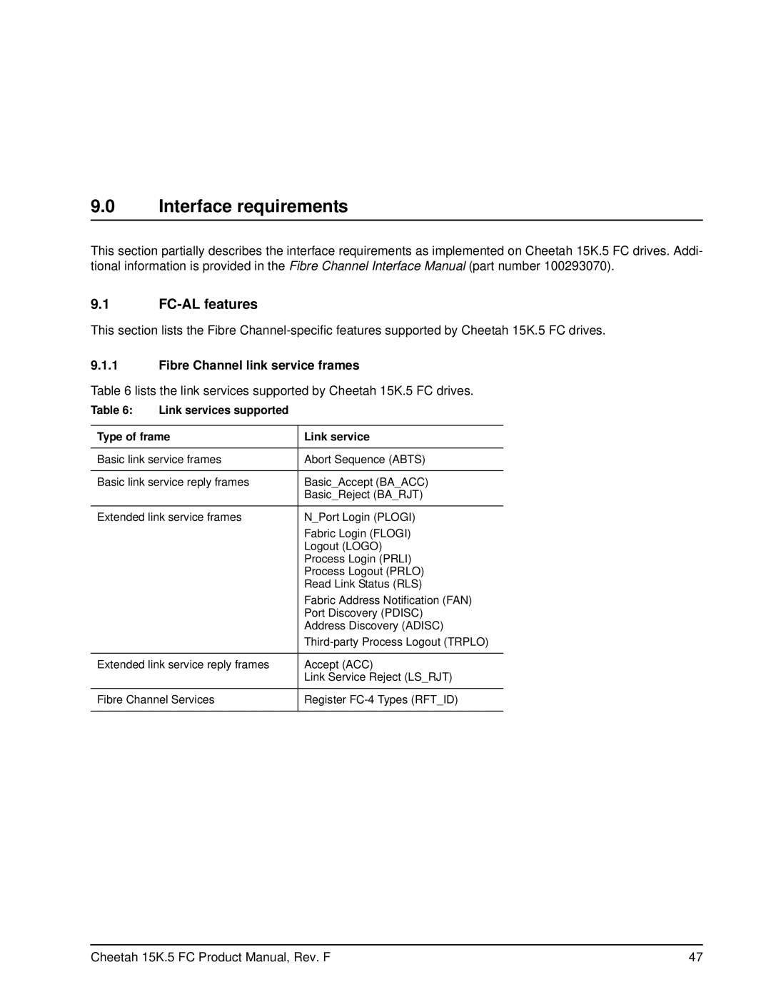 Seagate ST373453LC manual Interface requirements, FC-AL features, Fibre Channel link service frames 