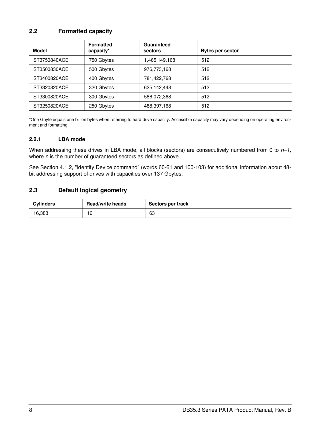 Seagate ST3750840ACE manual Formatted capacity, Default logical geometry, LBA mode 