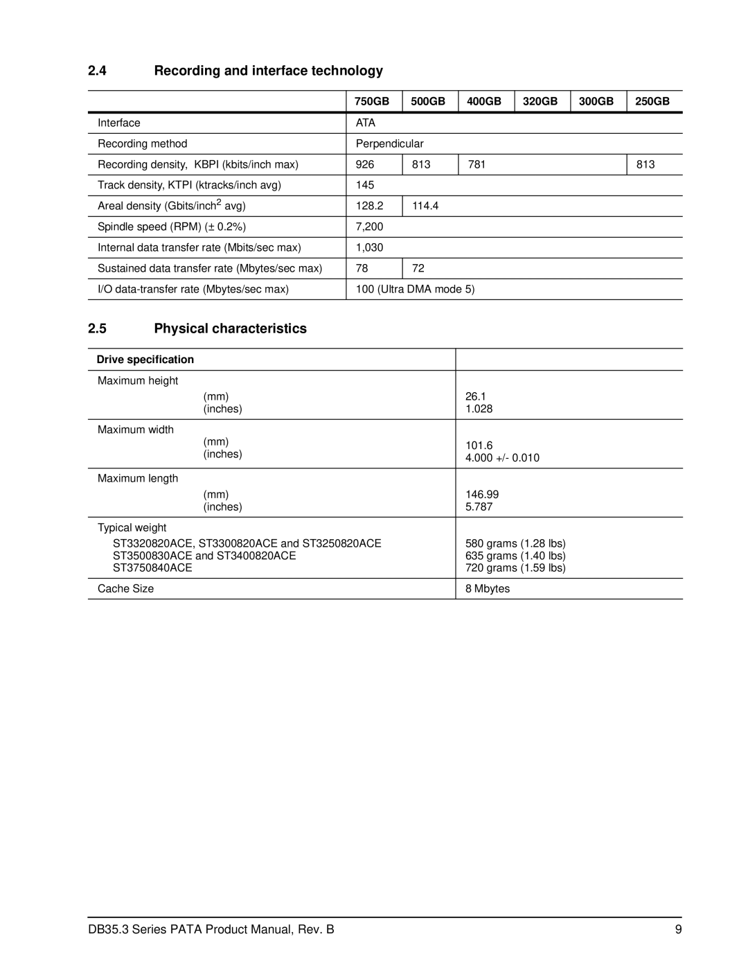 Seagate ST3750840ACE Recording and interface technology, Physical characteristics, 750GB 500GB 400GB 320GB 300GB 250GB 