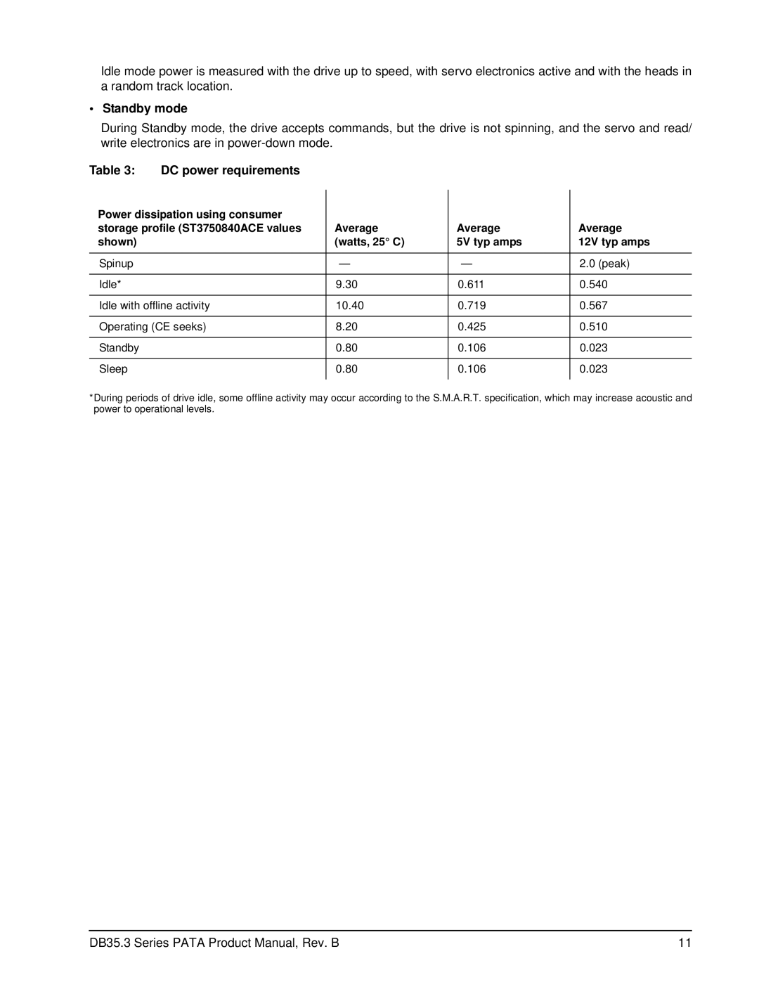 Seagate ST3750840ACE manual Standby mode, DC power requirements 