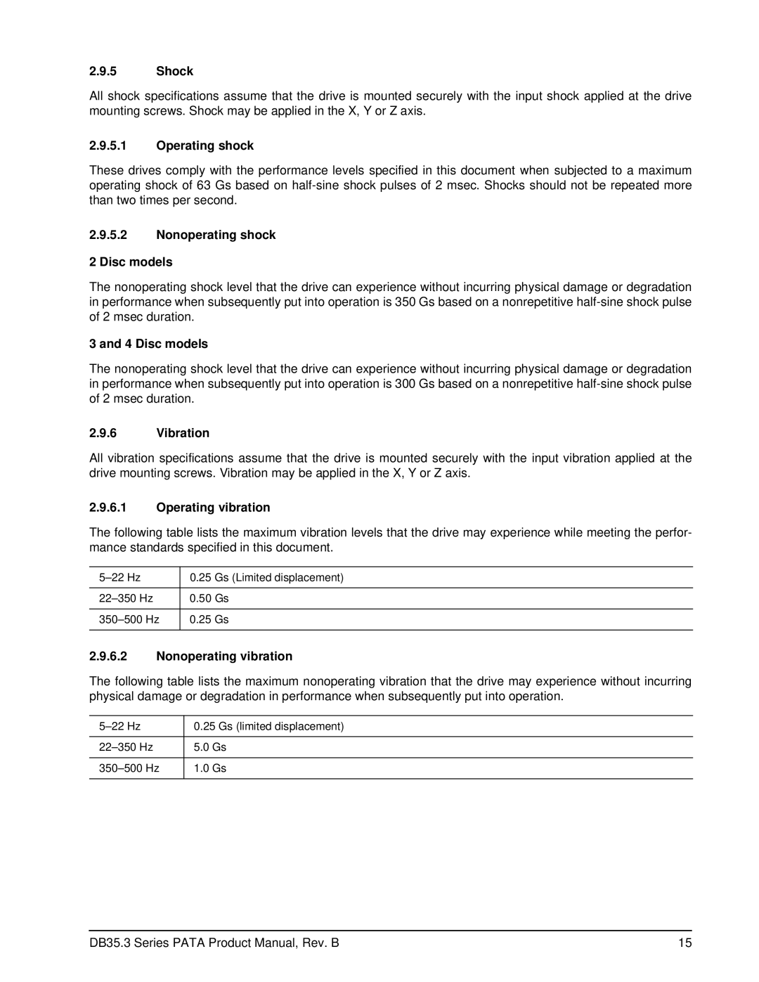 Seagate ST3750840ACE manual Shock, Operating shock, Nonoperating shock Disc models, Vibration, Operating vibration 