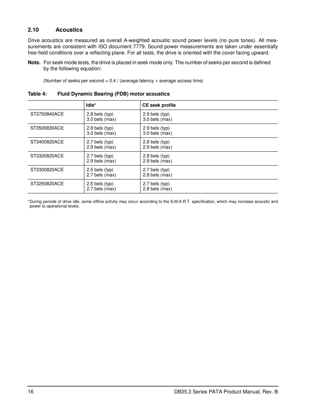 Seagate ST3750840ACE manual Acoustics, Fluid Dynamic Bearing FDB motor acoustics, Idle CE seek profile 