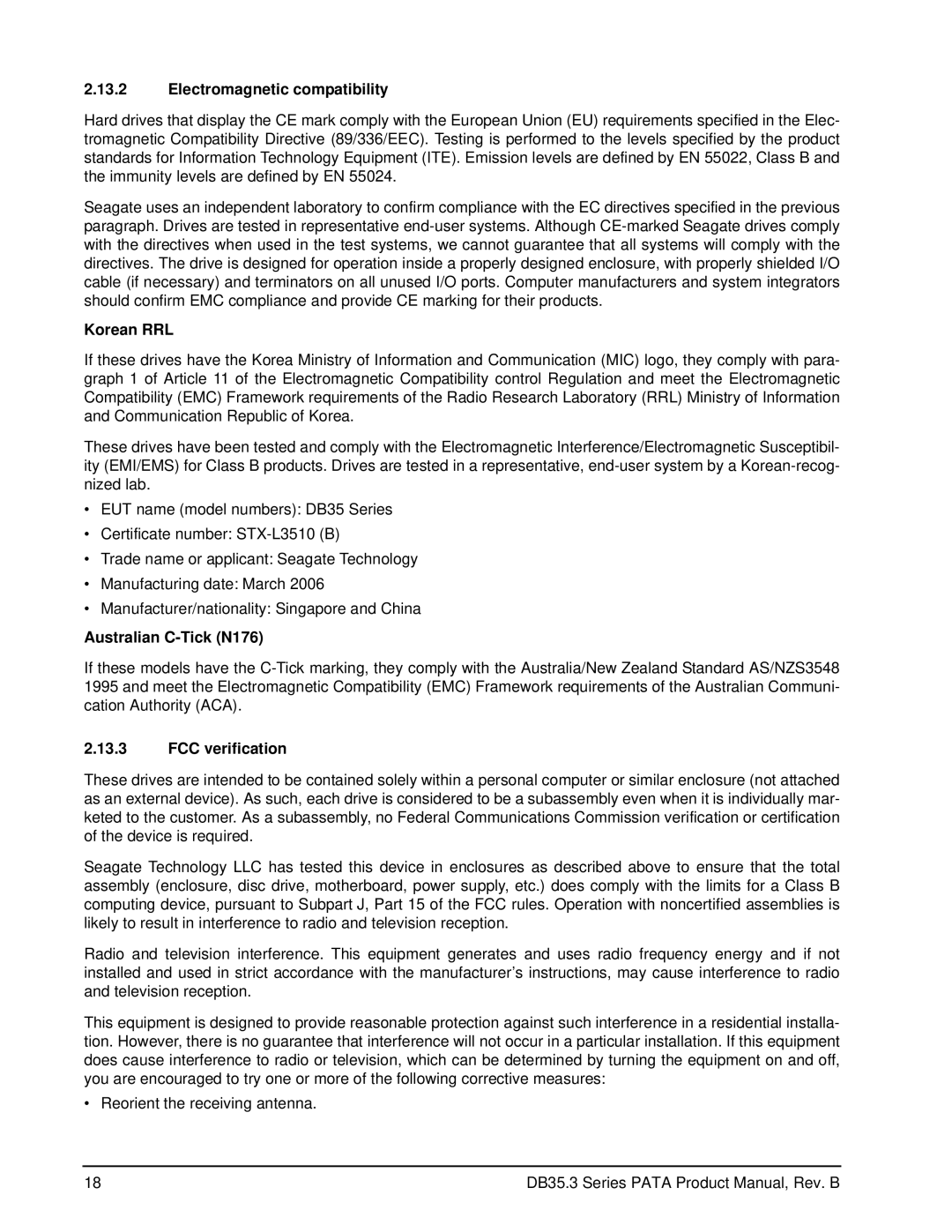 Seagate ST3750840ACE manual Electromagnetic compatibility, Korean RRL, Australian C-Tick N176, FCC verification 