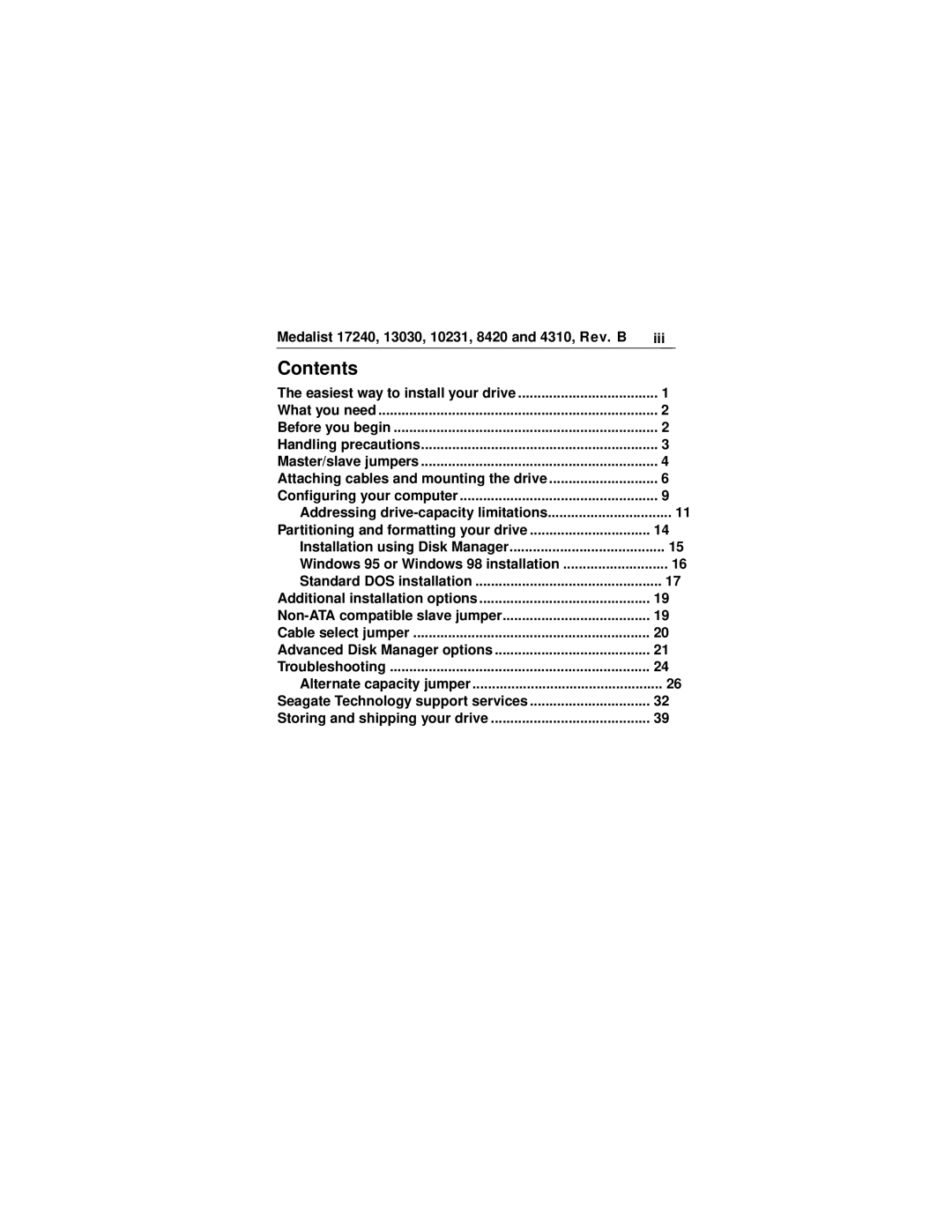 Seagate ST317240A, ST38420A, ST313030A, ST310231A, ST34310A manual Contents 